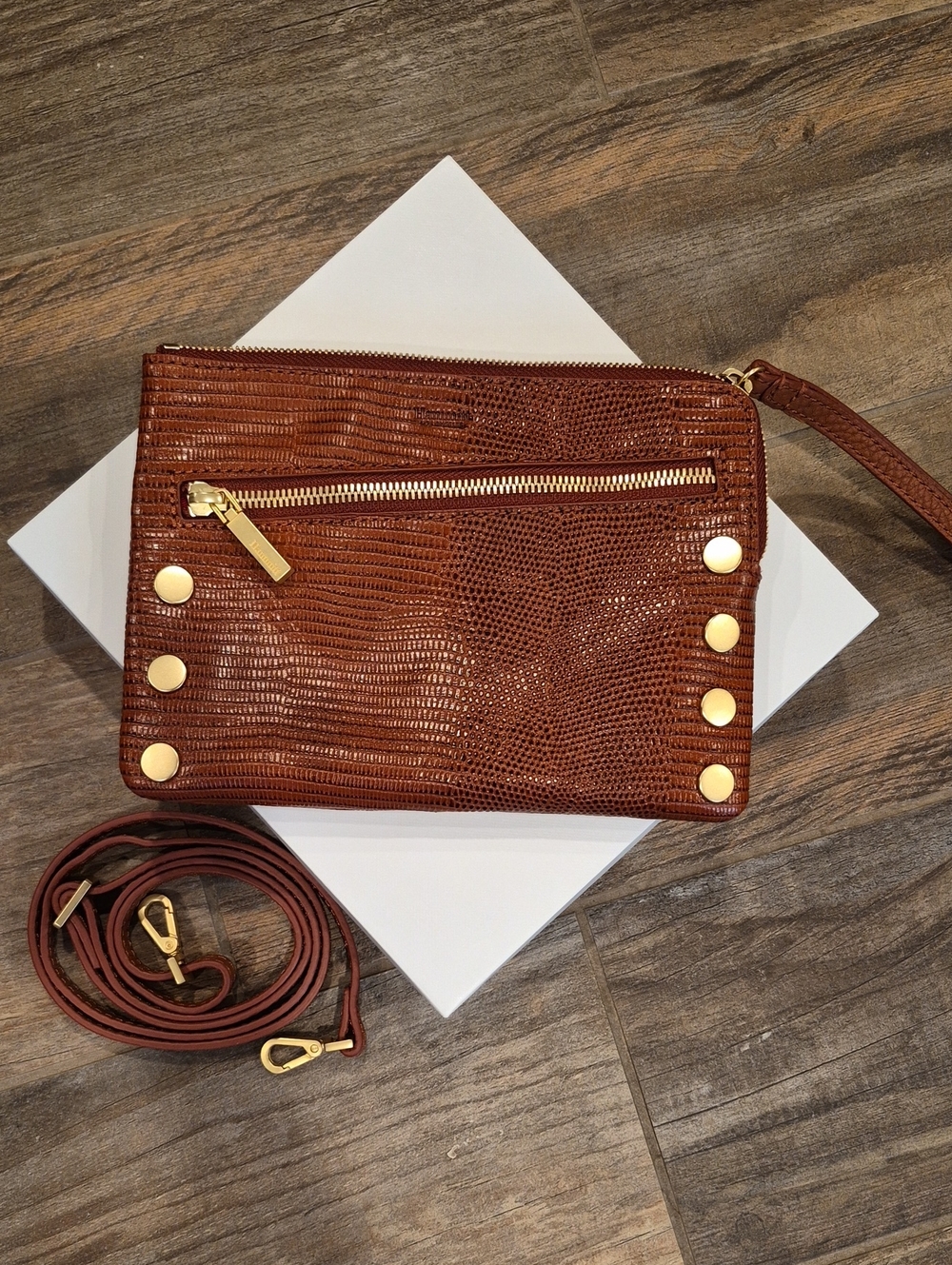 Hammitt Nash Redwood Lizard Leather Brushed Gold Clutch Wristlet Crossbody Bag